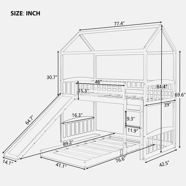 dimension image slide 2 of 3, Twin Over Twin Bunk Bed with Slide, House Bed with Slide