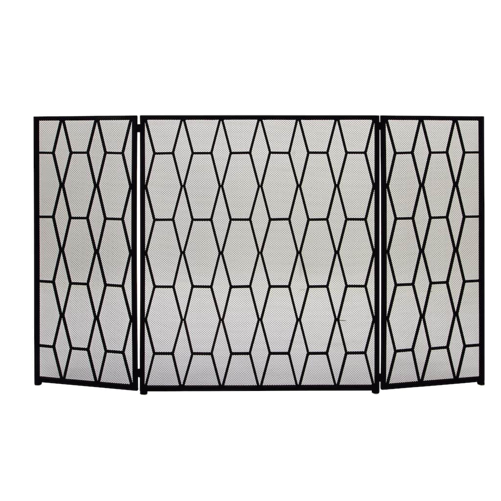 Metal Geometric Foldable 3 Panel Fireplace Screen with Mesh Netting - Black - Roche River Decor - 1"W x 51"L x 31"H