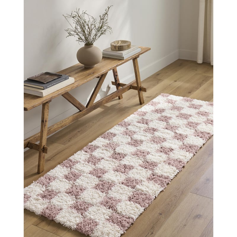 Livabliss Sibari Modern Checkered Plush Area Rug - 9' 2" x 12' - Cream/Dusty Pink - Rectangle