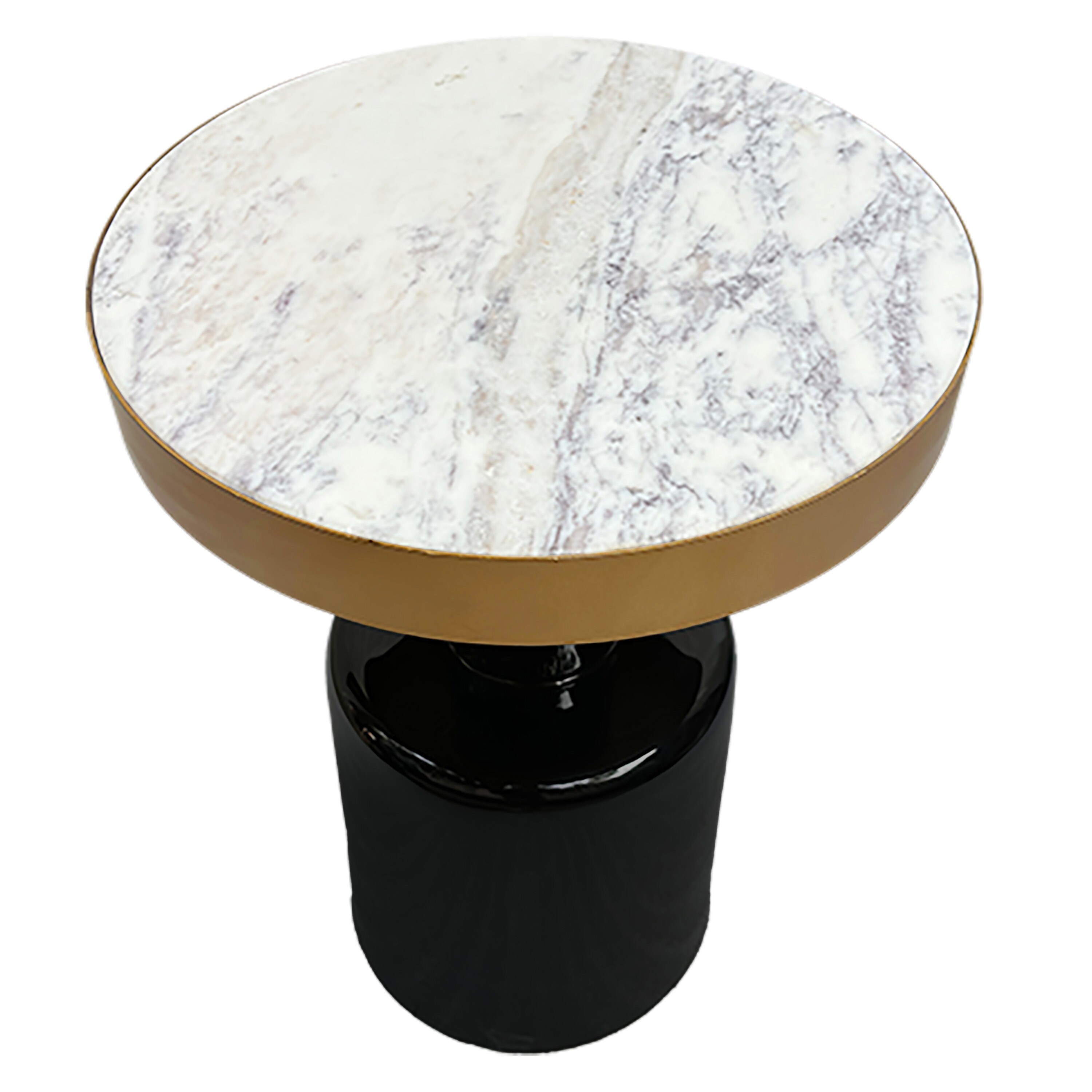 20 Inch Round Side End Table Gold Banded Natural White Marble Top Black Enamel Coated Iron Pedestal Base