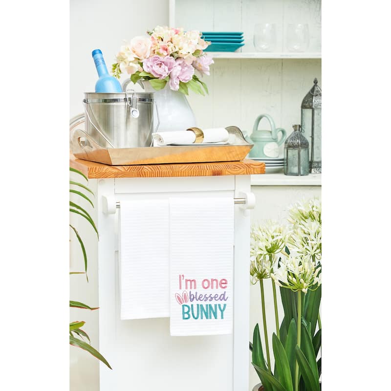 "I'm One Blessed Bunny" Easter Rabbit Embroidered Cotton Waffle Weave Kitchen Dishtowel