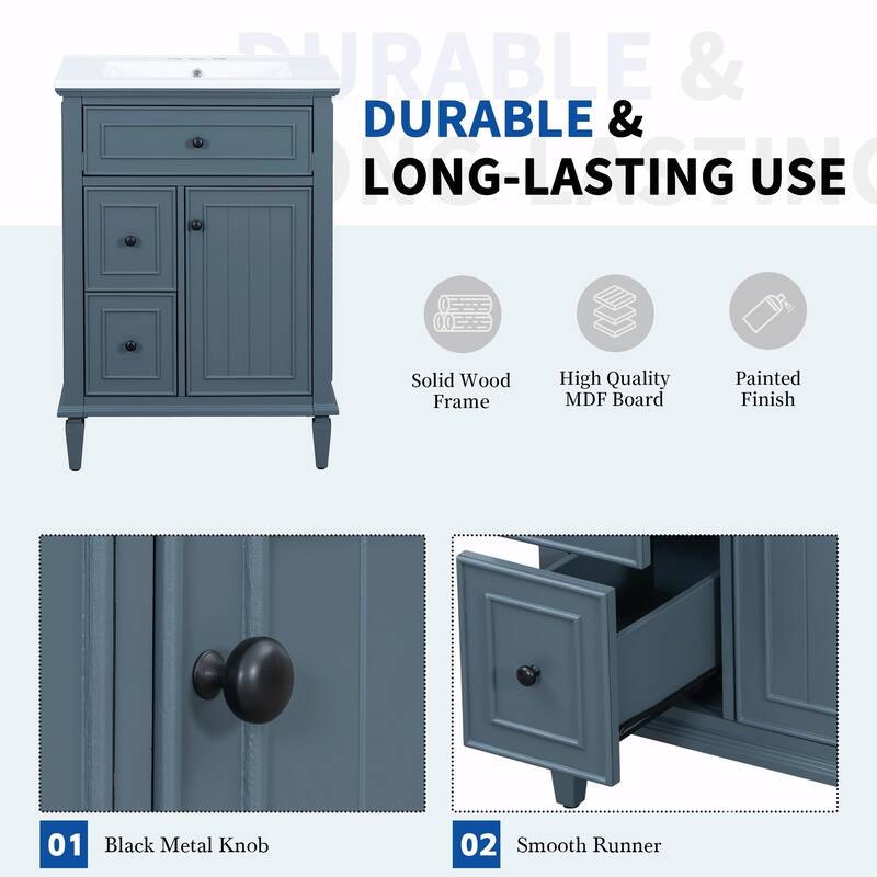 24" Bathroom Vanity with Sink, Bathroom Vanity Cabinet with One Flip Drawer and Two Drawers, Adjustable Shelf