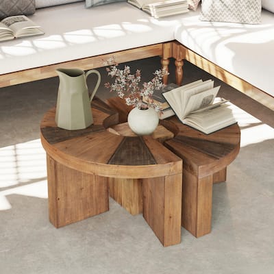 COZAYH Farmhouse Round Coffee Table Set, Rustic Wooden Coffee Table with 2-Piece Semi-Circular Design, Large Circle Table