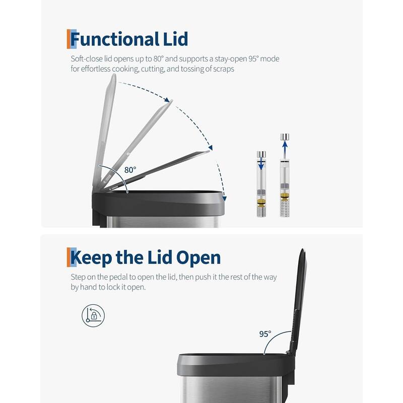 13 Gal Step-on Stainless Steel Trash Can with Soft-Close Lid for Home, Kitchen, Office