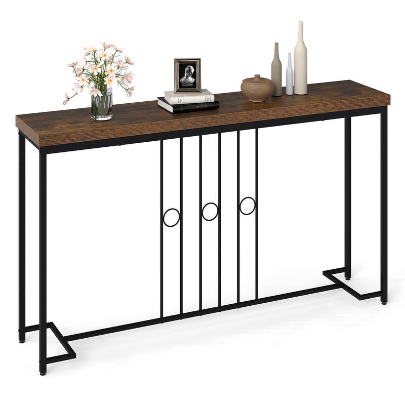 Gymax Industrial Console Table 55'' Narrow Table w/ H-Shaped Base & - Brown - MDF