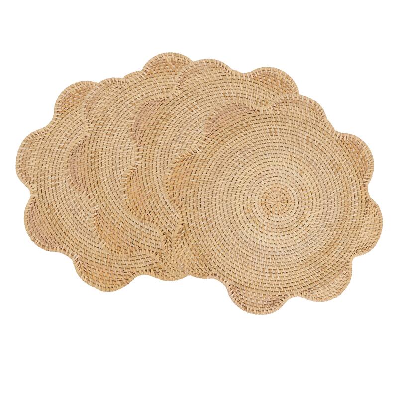 Scalloped Rattan Round Placemats (Set of 4) - Handwoven Natural Fiber Design for Dining, Entertaining & Table Settings, 15"