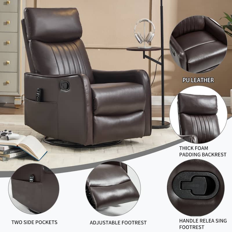 Leather Heat Massage Manual Recliner Chair with Rocker and Swivel in Fabric for Living Room