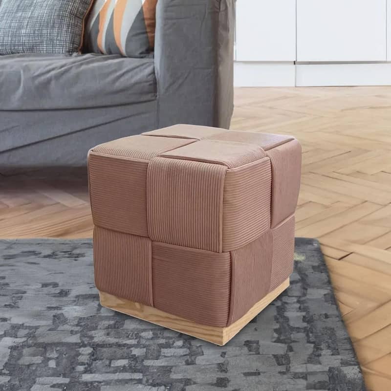 Esme Checker Weave Corduroy Accent Stool with Soft Fabric