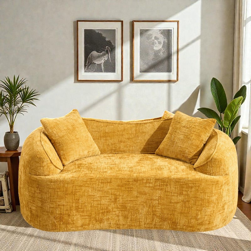 Curved 2 Seater Compressed Sofa Loveseat, Chenille Upholstered Couch with Armrests and Pillows, No Assembly