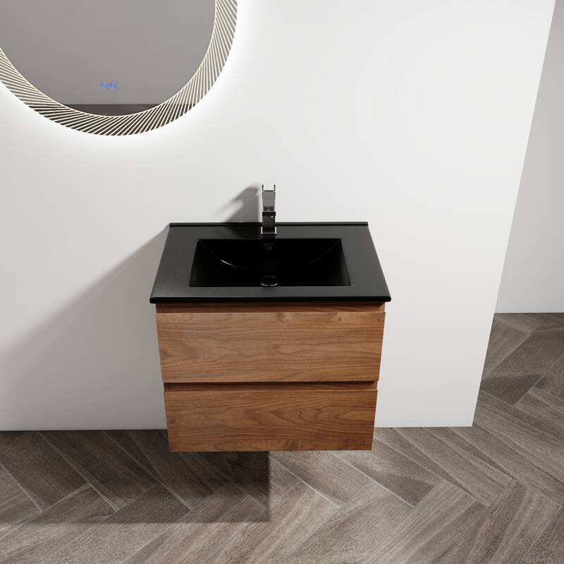 Modern 24" Floating Bathroom Vanity with Black Ceramic Basin, Soft-Close Drawers, Water-Resistant Melamine Surface