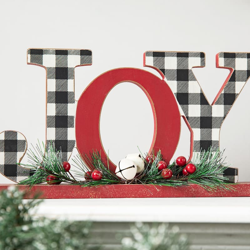Glitzhome Christmas Wooden Plaid JOY NOEL Word Table Decor