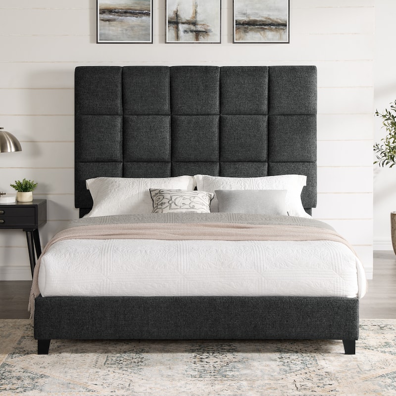 Bridgevine Home Tall Granite Dark Grey Square Headboard Upholstered Platform Bed - Queen