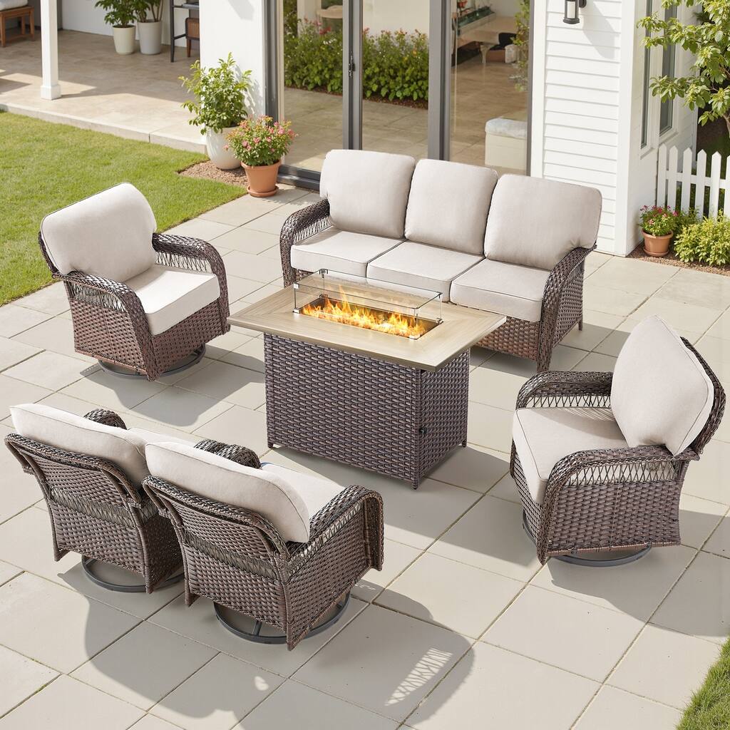 Pocassy Outdoor Fire Pit Table with Swivel Chair Sofa Ottoman Set.