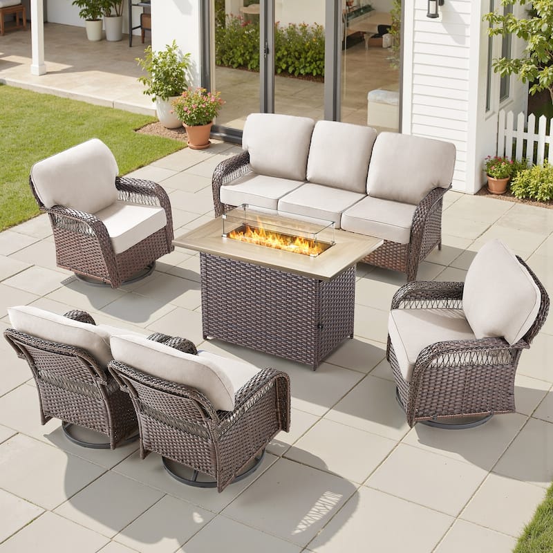 Pocassy Outdoor Fire Pit Table with Swivel Chair Sofa Ottoman Set.