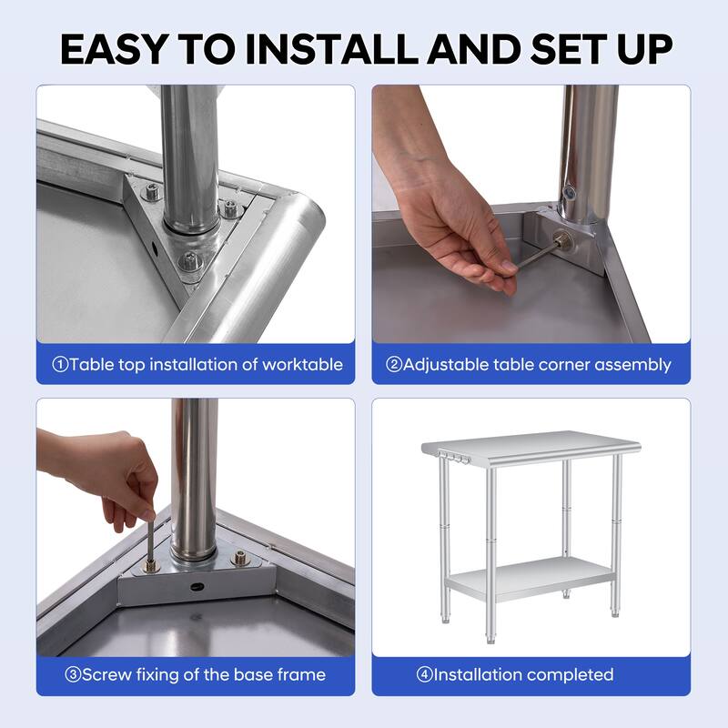 Double Layered Stainless Steel Work Table, Curved Edge Workbench with hooks