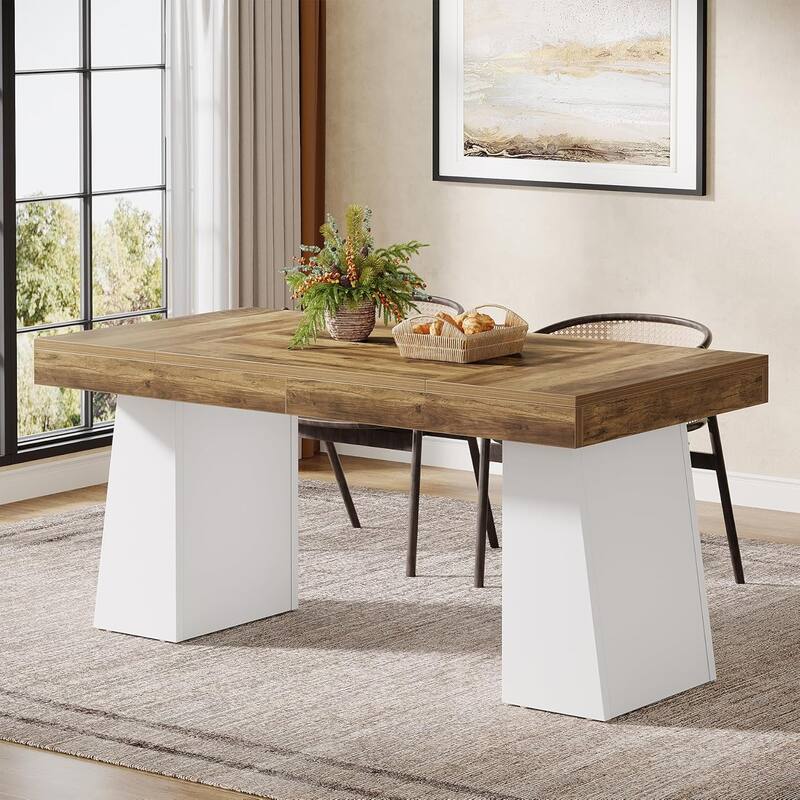 55-Inch Dining Table for 4-6, Rectangular Dining Room Table with Sturdy Legs - Brown & White