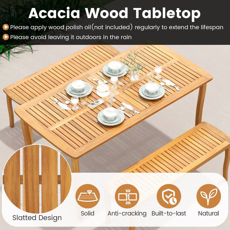 3-Piece Outdoor Acacia Wood Dining Set with Tabletop Umbrella Hole for Garden or Patio - 63” x 32” x 30” (L x W x H)
