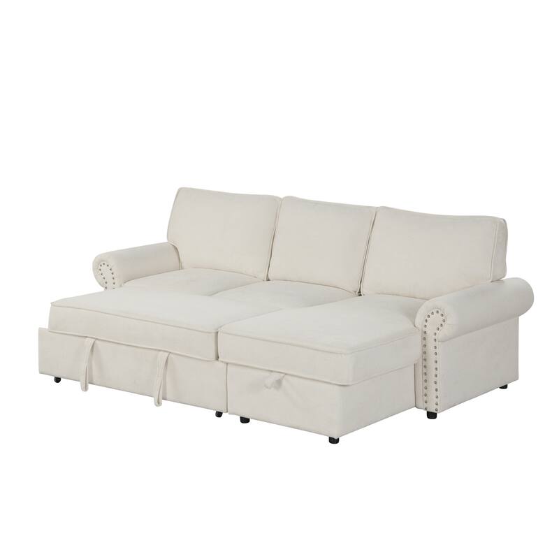Convertible Sectional Sleeper Sofa with Storage Chaise, Pull-Down Backrest, Dual Cup Holders, Arc Armrests and Nailhead Trim