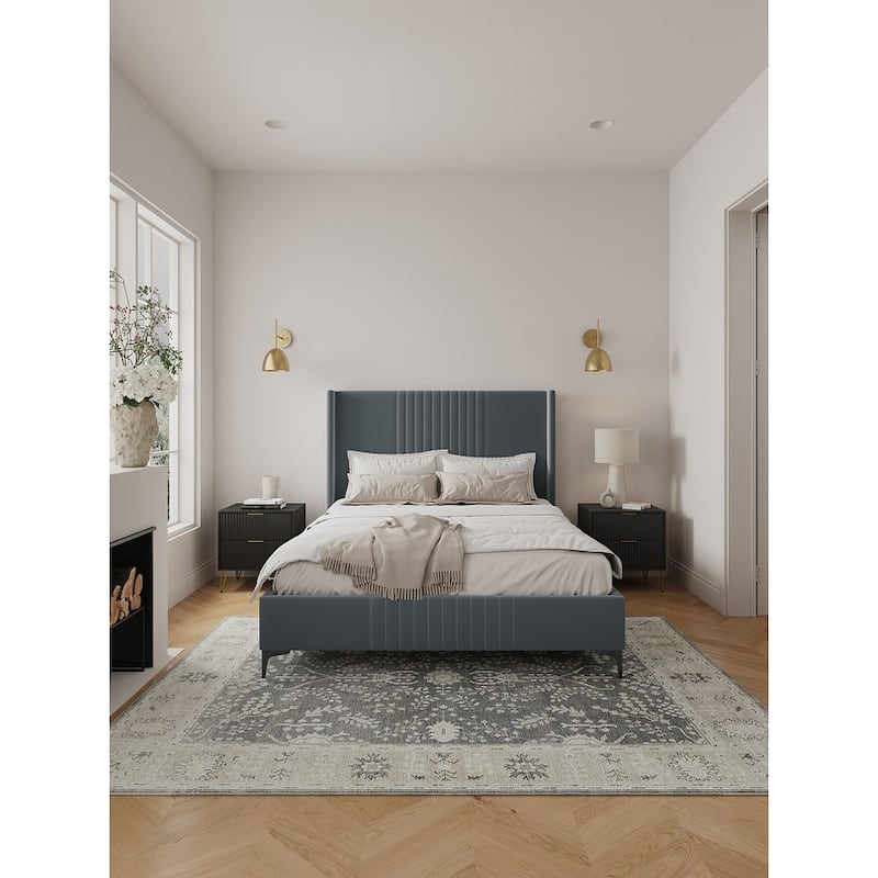 Manhattan Comfort Promenade Mid-Century Modern Velvet Upholstered Bed - Grey - Queen