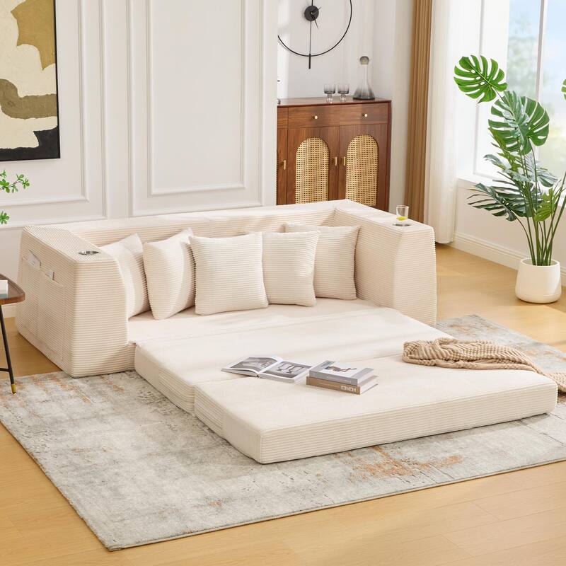 2 in 1 Convertible Sofa Bed, Sleeper Sofa with Storage Pockets, Pull Out Loveseat Couch with Two Cup Holders