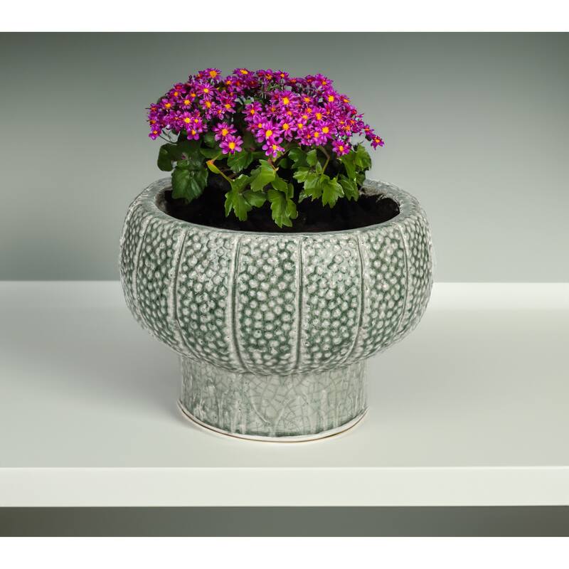 Embossed Terra-cotta Footed Vase Planter with Dot Pattern - 10.6"L x 10.6"W x 7.3"H - 10.6"L x 10.6"W x 7.3"H - Green