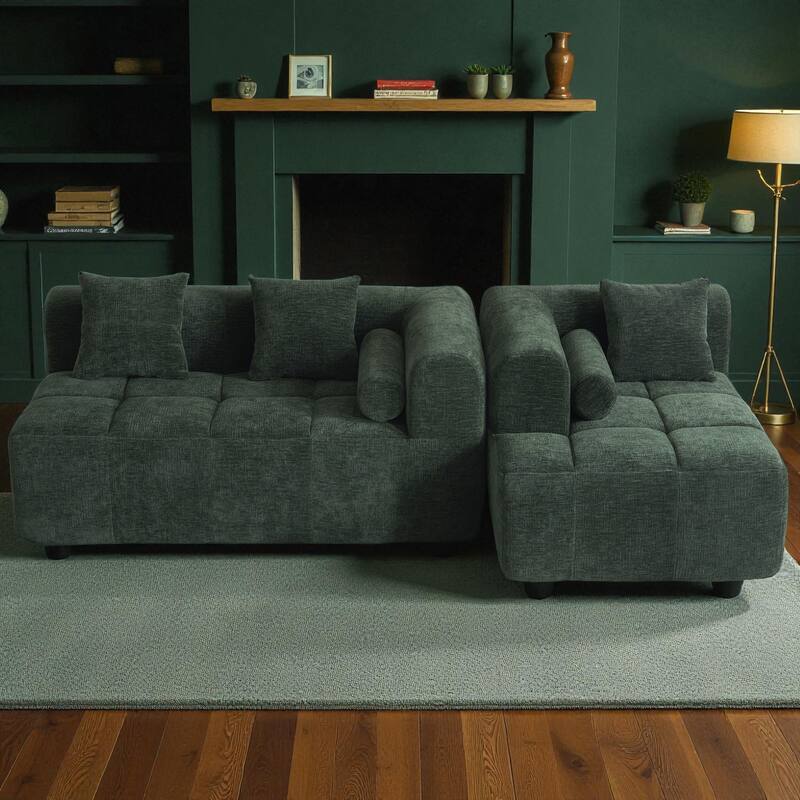 101.2" Modular Sectional Sofa Full-Foam Compressed Couch with Deep Seating Side Pockets Square & Bolster Pillows