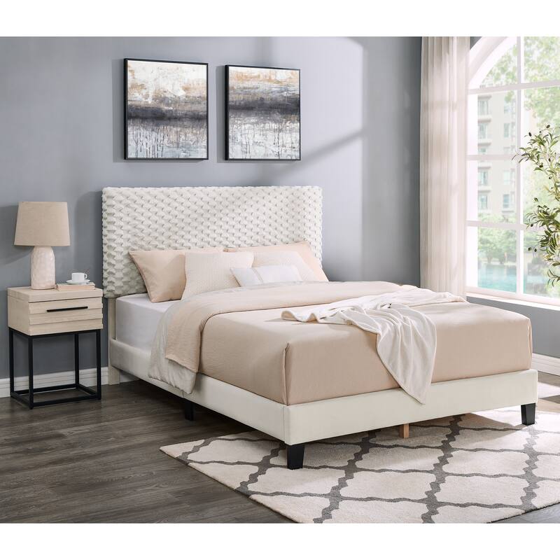Full Size MDF Height-Adjustable 3D Upholstered Platform Bed Set with Storage Nightstand and No Box Spring Required