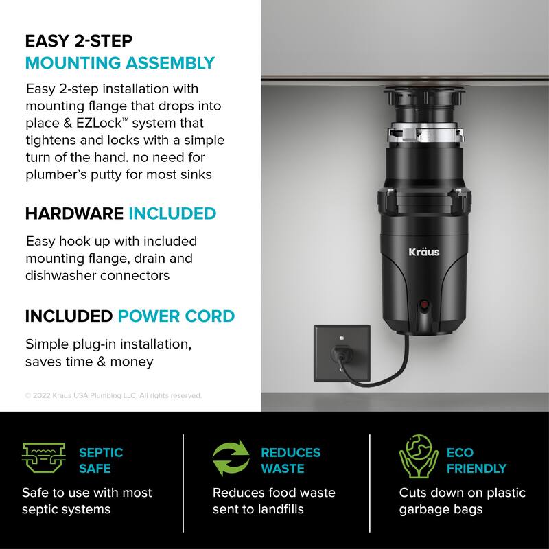 KRAUS WasteGuard Continuous Feed Garbage Disposal for Kitchen Sinks