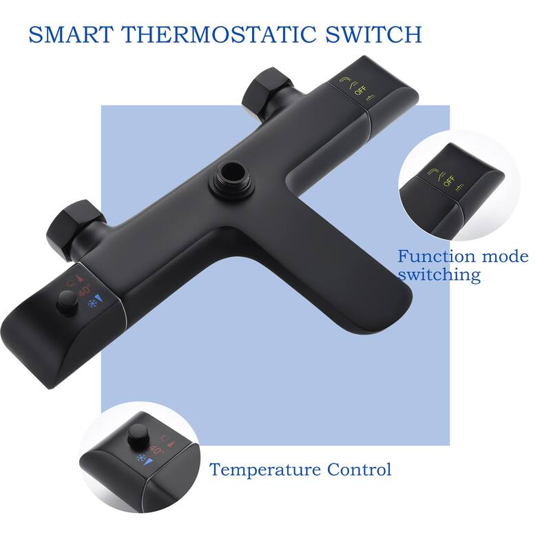 Wall Exposed Install 3-Way Thermostatic Rain Shower Head System Black with Slider Bar