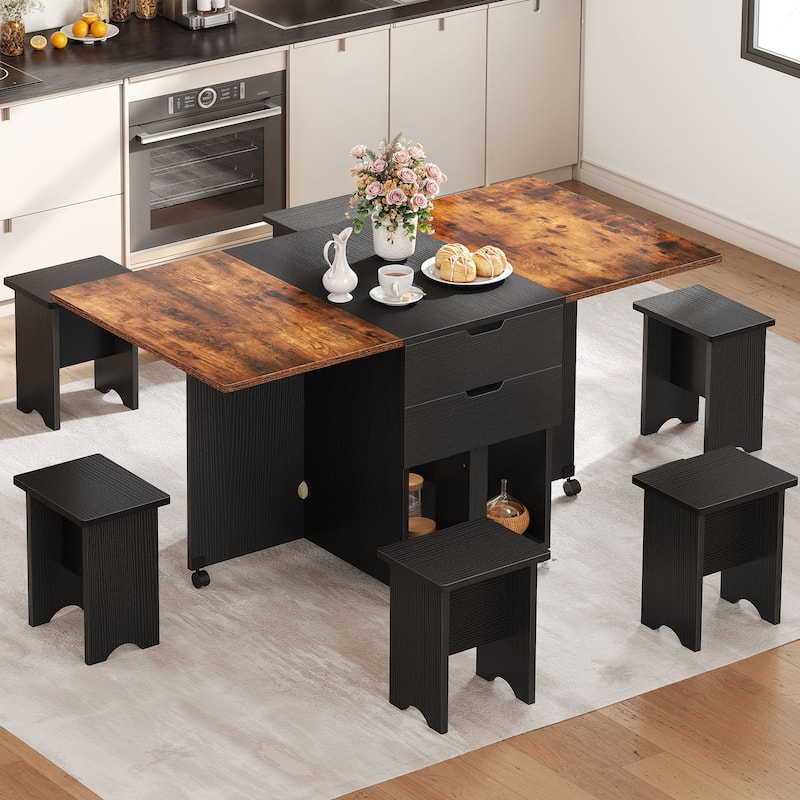 Moasis 5 Pieces 7 Pieces Folding Dining Set with Drop Leaf Table and Storage Stools for up to 6 People - 67"W - Brown Top/Black
