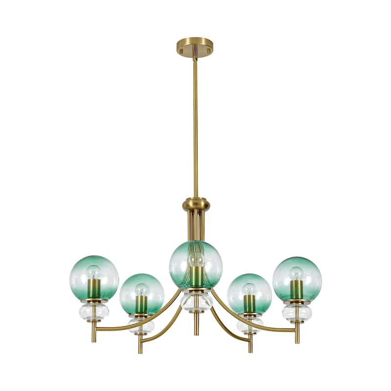 5-Light Mid-Century Modern Luxury Green Sputnik with Open/Bubble Glass Globe Shades Chandelier for Dining Room, Living Room