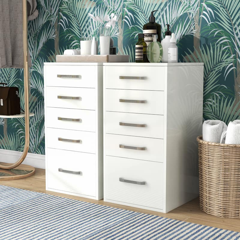 Roseanne Glam White 5-Drawer Wood Makeup Vanity Dresser (Set of 2) by Furniture of America - Luminous White