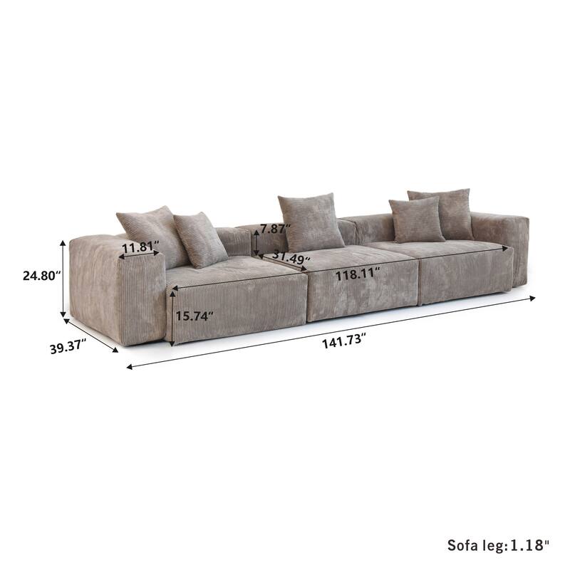 Modern 3-piece Sofa Set with Chaise Ottoman,Corduroy Modular Sectional Couch For Living Room