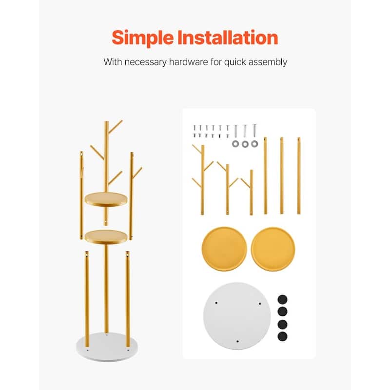 9-Hook Freestanding Coat Rack Stand with Gold Finish and Quartz Base for Living room or Bedroom - 13.4” x 13.4” x 66.93”