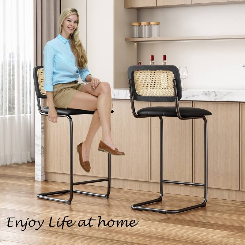 Counter Height Bar Stools Set of 2, Upholstered PU Leather Barstools with Rattan Back, 30 inch Stools Armless Bar Chairs