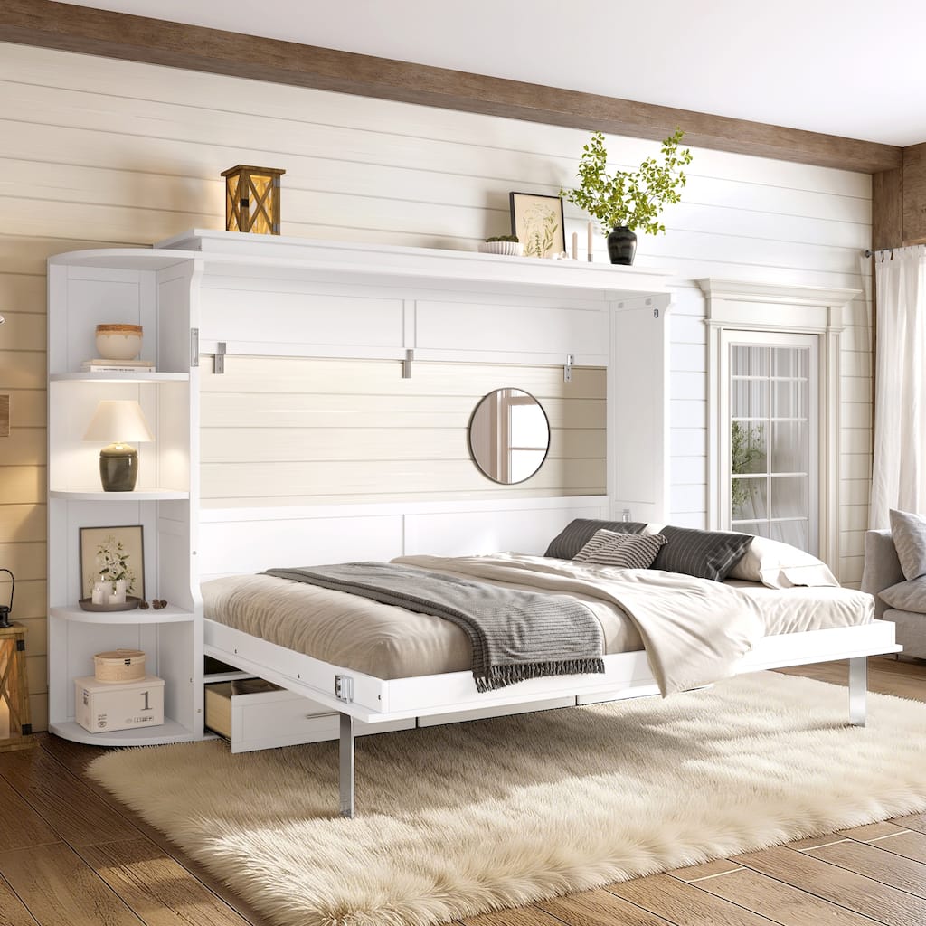 Murphy Platform Bed with Side Cabinets & Drawers, Wall Bed with Shelf for Home Office, Queen or Full