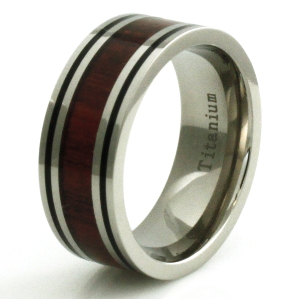 Titanium Wood Inlay Ring with Dual Black Strip