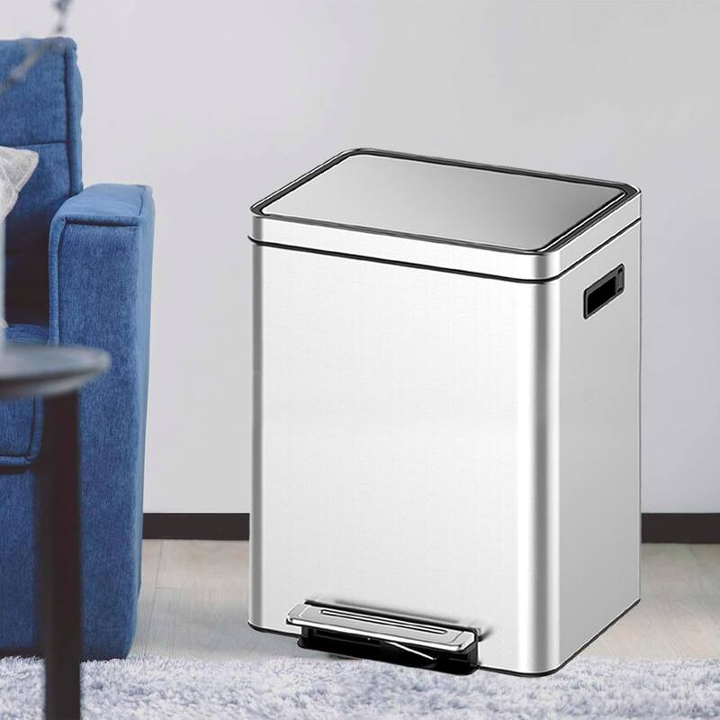 2 x 5.28 Gallon/2x20L Stainless Steel Trash Can, Dual Compartment Step-On Recycling Bin - Silver