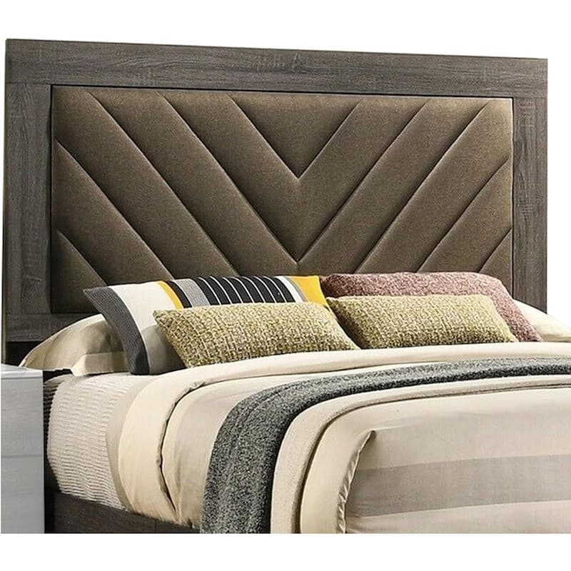 Queen Size Rubberwood Upholstered Platform Bed Frame with V-Shaped Fabric Headboard