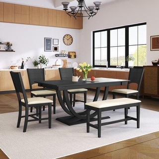 Modern 6-Pc Dining Table Set w/ Wood Half Round Pedestal, 4 Chair & Bench