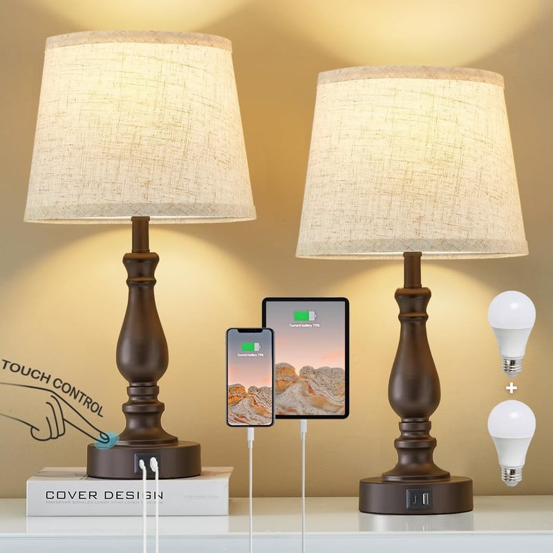 Lamps for Bedrooms Set of 2, Touch Bedside Table Lamp with USB Ports - Beige Shade and Brown Base - Beige Shade and Brown Base