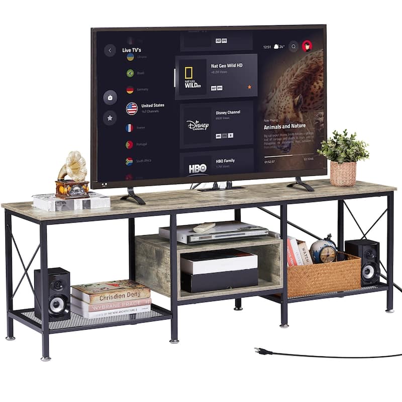 VECELO Wood TV Stand with Charging Station,Storage Shelves Entertainment Center TV Cabinet