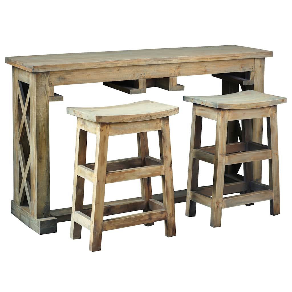 3-Piece Driftwood Dining Table Set with Built-In Stools - 60" - Brown