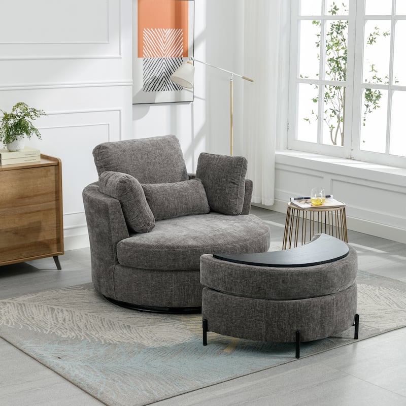 42.2"W Swivel Accent Barrel Chair with Half Crescent Moon Storage Bench