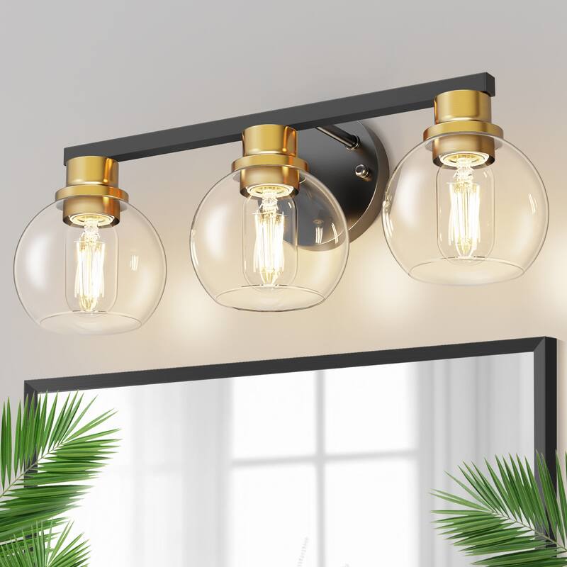 YANSUN 3-Light Vanity Light, Black and Gold Finish, E26 Sockets, Large Clear Glass Globe Shades for Modern Bathroom Lighting