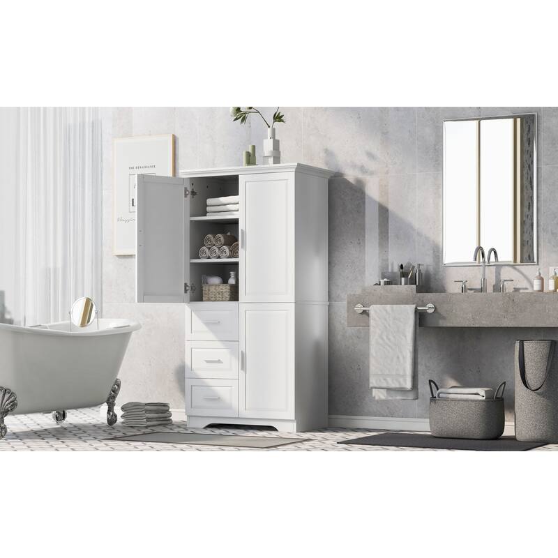 Roomfitters Tall & Wide Bathroom Storage Cabinet, Modern MDF Linen Tower with 3 Drawers & Adjustable Shelves