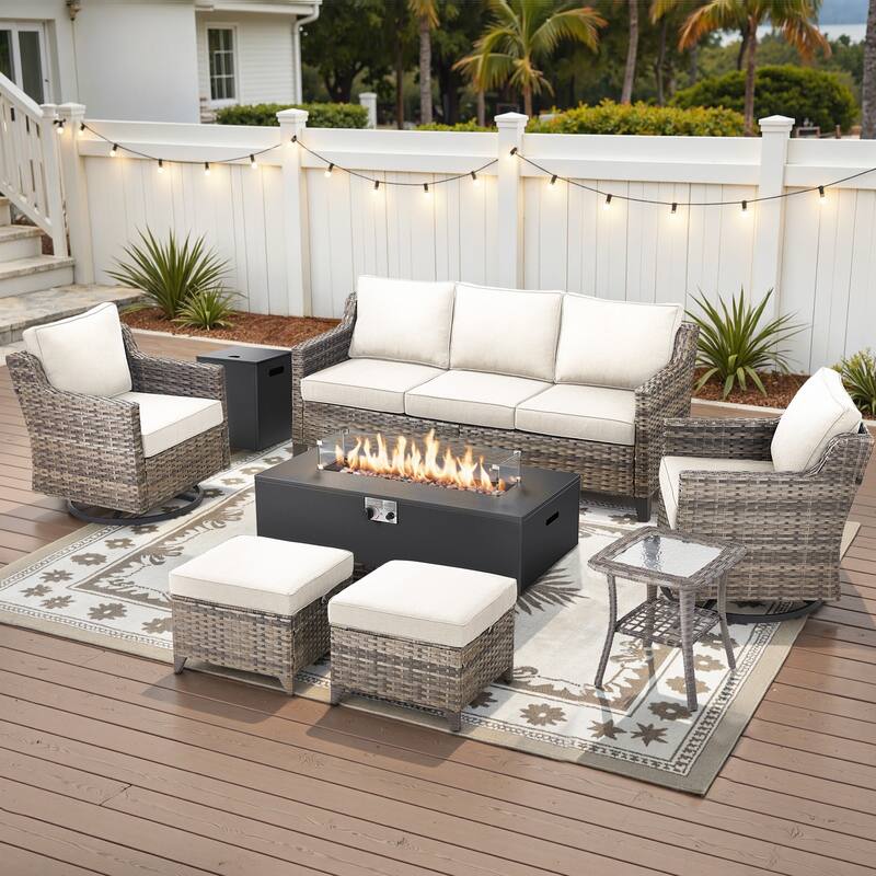 Glissia 7-Piece Gray Wicker Fire Pit Conversation Set with Modern Steel Fire Pit - Beige Cushions - Gray Wicker