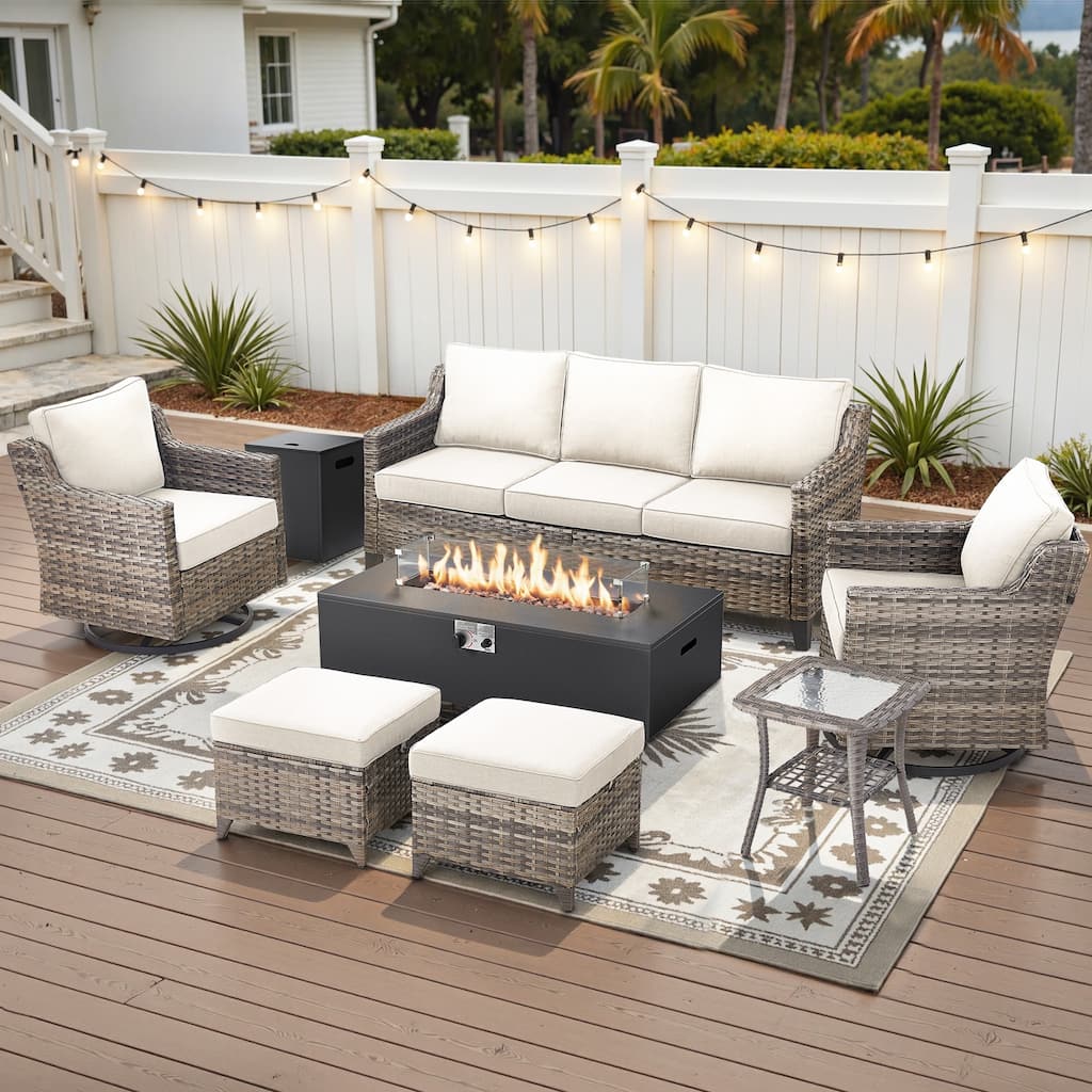 Glissia 7-Piece Gray Wicker Fire Pit Conversation Set with Modern Steel Fire Pit