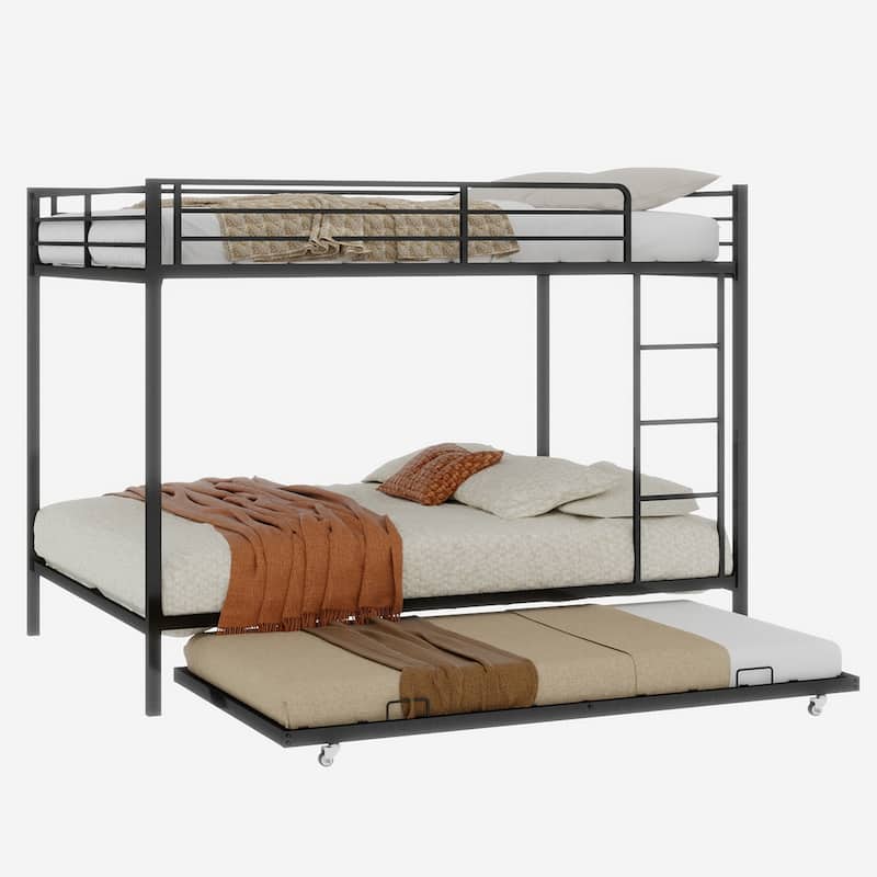 Metal Bunk Bed with Trundle and Safety Rails Modern Minimalist Design for Kids Guest or Shared Rooms