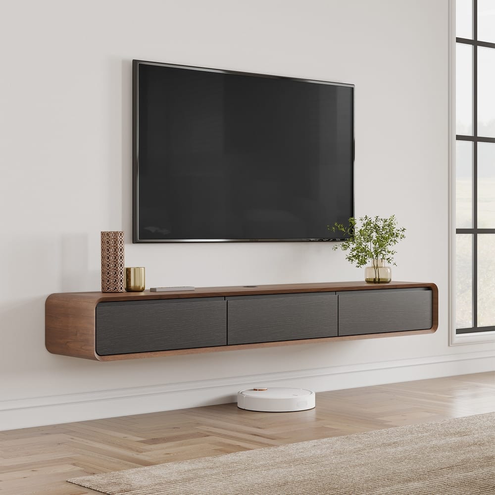 Floating Modern TV Stand for Living Room, Wall-Mounted Entertainment Center with Storage Drawers, Solid Wood, Fully-Assembled